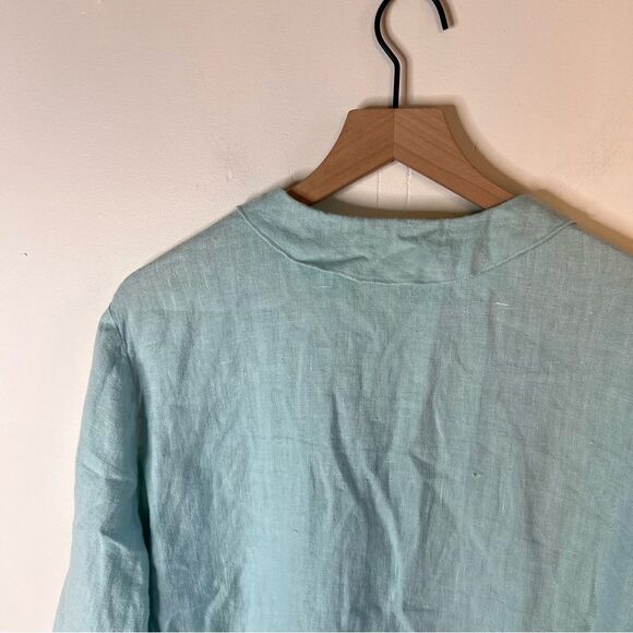 Hot Cotton Linen Baby Blue Aqua Button-Up Long sleeve Shirt Ruffle Hem XL - Picture 6 of 8